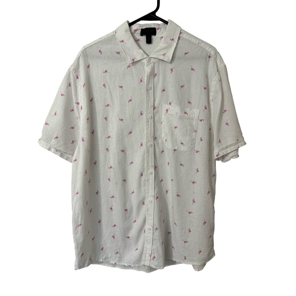Magaschoni Man Linen Blend Flamingo Short Sleeve Button Down Shirt Size XL